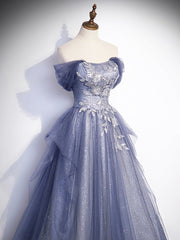 Wedding Color, Charming Tulle Sequins A-Line Prom Dresses, Off the Shoulder Floor-Length Formal Dresses
