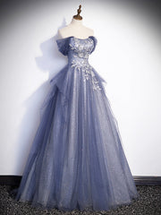 Winter Formal Dress, Charming Tulle Sequins A-Line Prom Dresses, Off the Shoulder Floor-Length Formal Dresses
