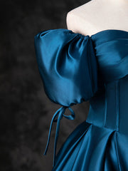 Evening Dress Italy, Blue Satin Off the Shoulder Floor Length Prom Dress, Blue A-Line Party Dress