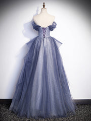 Wedding Theme, Charming Tulle Sequins A-Line Prom Dresses, Off the Shoulder Floor-Length Formal Dresses