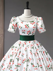 Prom Dress 2034, Beautiful Cherry Pattern Long Princess Prom Dress, White A-Line Short Sleeve Evening Party Dress