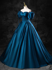 Evening Dresses Petite, Blue Satin Off the Shoulder Floor Length Prom Dress, Blue A-Line Party Dress
