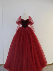 Party Dress Code, Burgundy Velvet and Tulle Floor Length Formal Dress, A-Line Long Sleeve Tulle Evening Party Dress