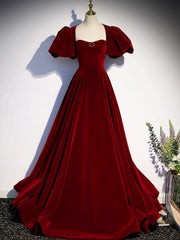 Party Dress New Look, Burgundy Velvet Floor Length Prom Dress, Beautiful Open Back Evening Dress with Pearls