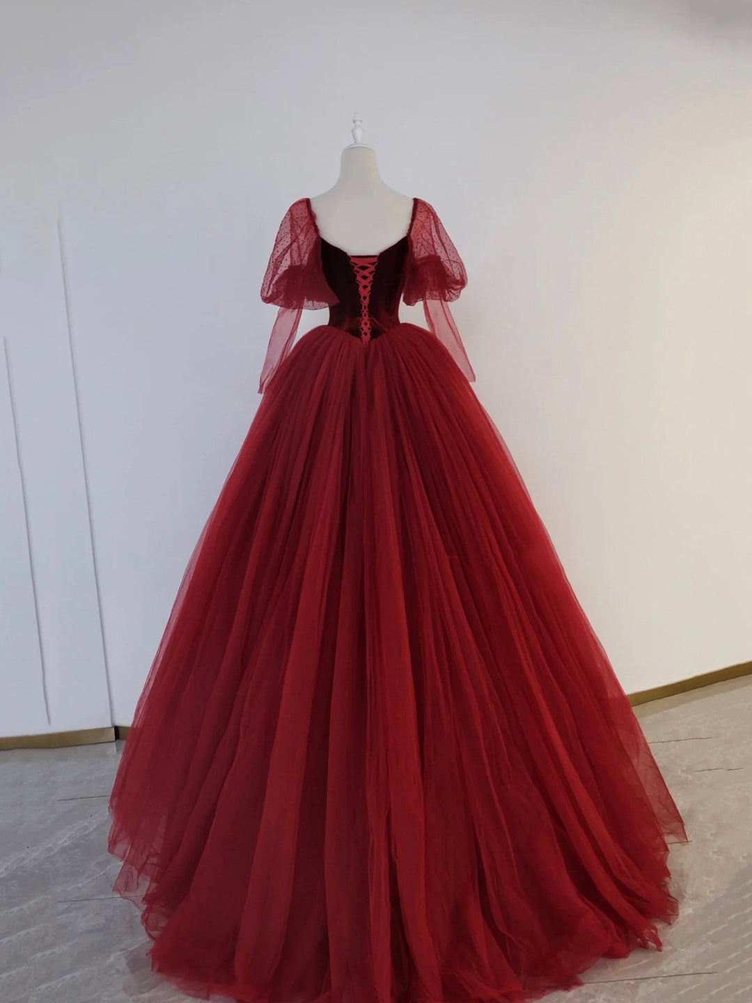 Party Dress Designer, Burgundy Velvet and Tulle Floor Length Formal Dress, A-Line Long Sleeve Tulle Evening Party Dress
