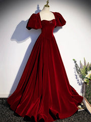 Party Dress For Wedding, Burgundy Velvet Floor Length Prom Dress, Beautiful Open Back Evening Dress with Pearls