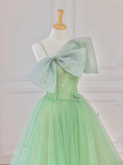 Prom Dress Long Open Back, Green Tulle Short Prom Dress, A-Line Evening Dress with Bow