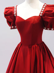 Party Dress Baby, Burgundy Satin Floor Length Princess Dress with Beaded, A-Line Short Sleeve Evening Party Dress