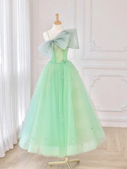 Prom Dresses Long Open Back, Green Tulle Short Prom Dress, A-Line Evening Dress with Bow