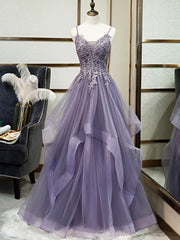 Evening Dresses For Over 53S, Purple Spaghetti Straps Lace Prom Dress, Lovely Tulle Corset Floor Length Evening Dress
