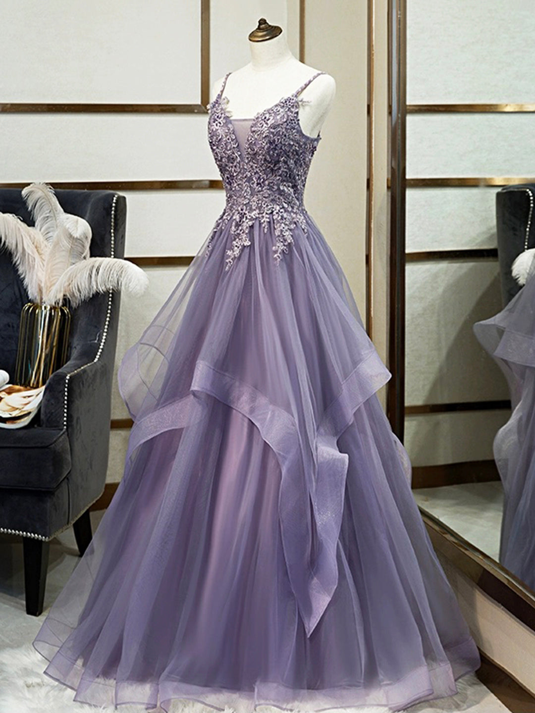 Evening Dress Knee Length, Purple Spaghetti Straps Lace Prom Dress, Lovely Tulle Corset Floor Length Evening Dress