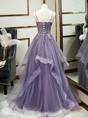 Evening Dresses Knee Length, Purple Spaghetti Straps Lace Prom Dress, Lovely Tulle Corset Floor Length Evening Dress