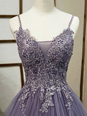 Evening Dresses For Over 53, Purple Spaghetti Straps Lace Prom Dress, Lovely Tulle Corset Floor Length Evening Dress
