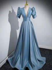 Homecoming Dresses Pretty, Blue Floor Length V-Neck Satin Prom Dress, Simple A-Line Evening Dress