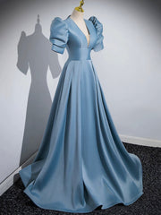 Homecoming Dress Pretty, Blue Floor Length V-Neck Satin Prom Dress, Simple A-Line Evening Dress