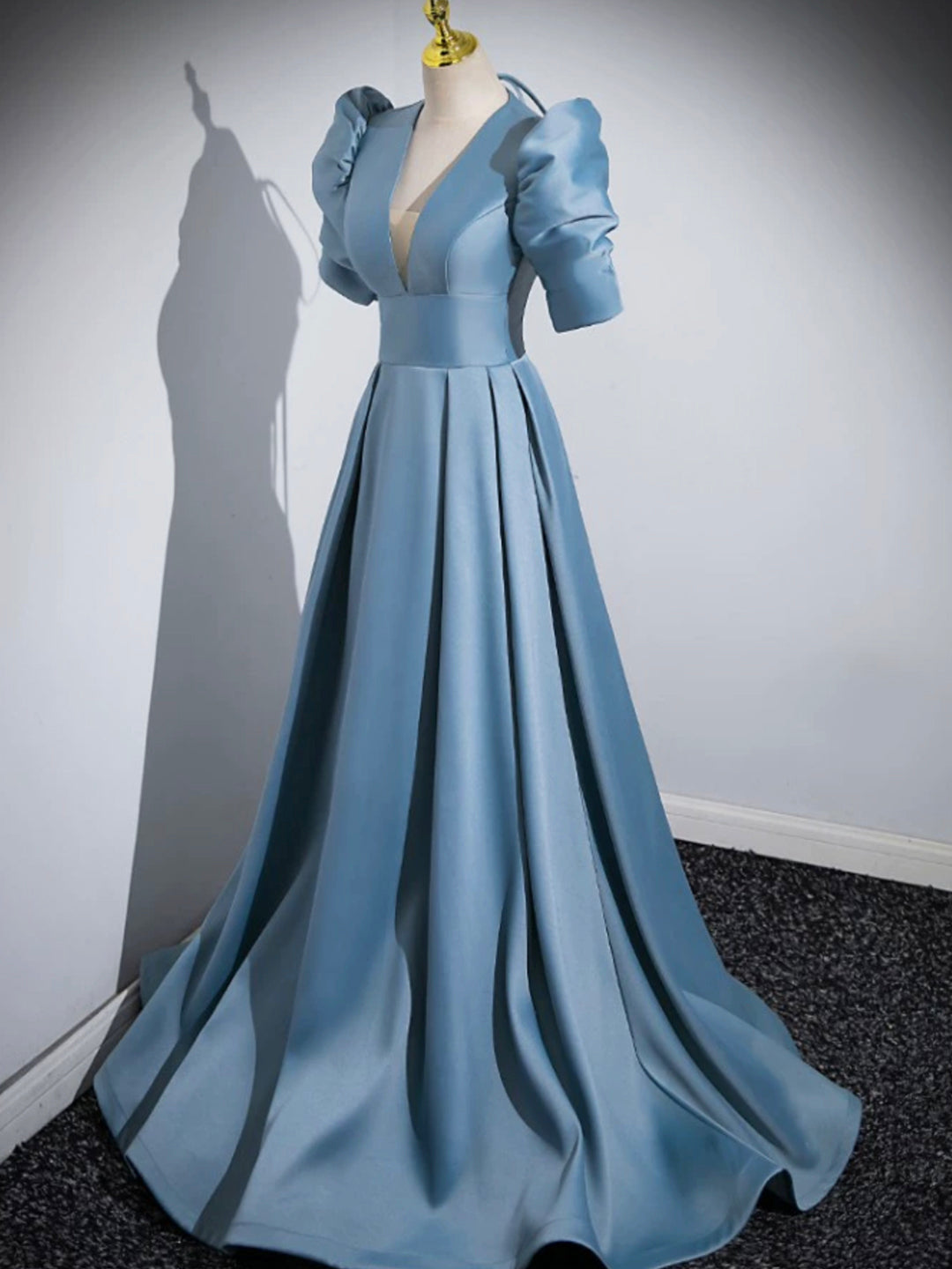 Homecoming Dresses Online, Blue Floor Length V-Neck Satin Prom Dress, Simple A-Line Evening Dress