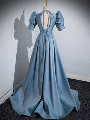 Homecoming Dresses Unique, Blue Floor Length V-Neck Satin Prom Dress, Simple A-Line Evening Dress