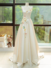 Bridesmaid Dress Websites, Elegant Satin Floor Length Formal Dress with 3D Flowers, Light Champagne A-Line Evening Party Dress