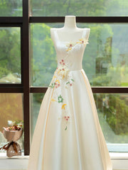 Bridesmaid Dresses Websites, Elegant Satin Floor Length Formal Dress with 3D Flowers, Light Champagne A-Line Evening Party Dress