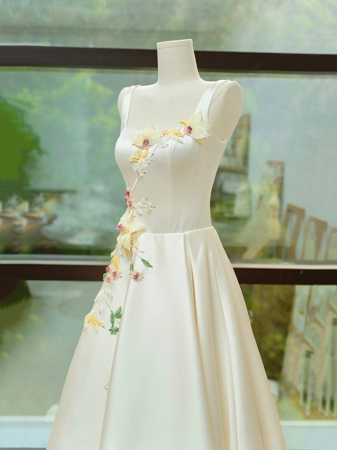 Bridesmaid Dress Website, Elegant Satin Floor Length Formal Dress with 3D Flowers, Light Champagne A-Line Evening Party Dress