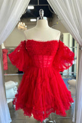 Evening Dresses 3 19 Sleeve, Red Tulle Puff Sleeves Ruffles Tulle Homecoming Dress