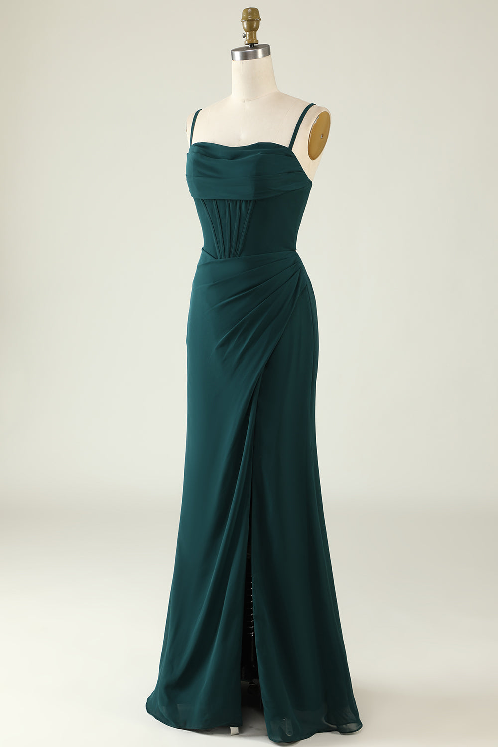 Prom Dress Size 14, Dark Green Spaghetti Straps Wedding Guest Dress with Slit