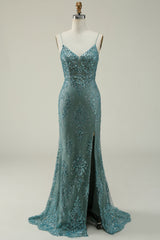Prom Dresses Ideas, Mermaid Spaghetti Straps Green Long Prom Dress with Split Front
