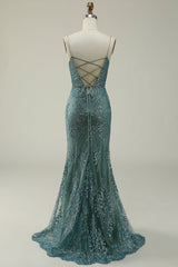 Prom Dresses Unique, Mermaid Spaghetti Straps Green Long Prom Dress with Split Front